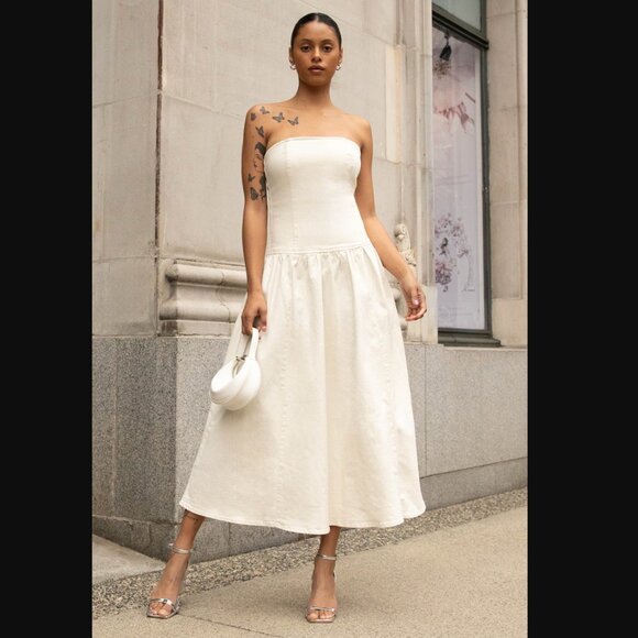 NWT OAK + FORT DROP WAIST STRAPLESS TWILL DRESS in Cream XS $108 - Picture 1 of 9